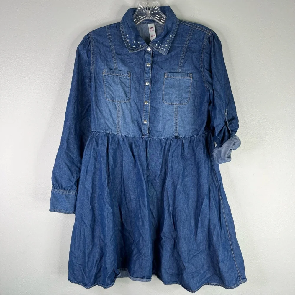 Justice Dress Girls 14/16 Blue Denim Chambray Embellished‎ Collar Roll Up Sleeve